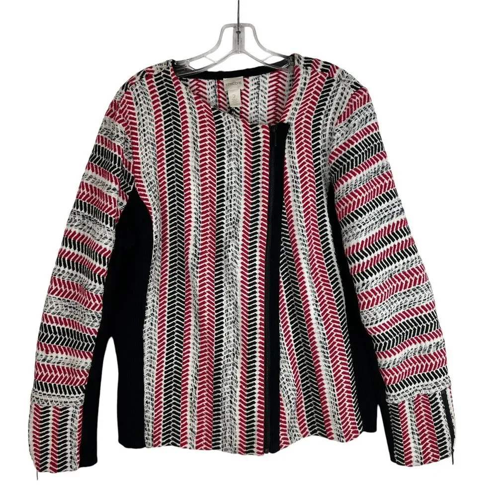 CHICOS Red‎ Black Asymmetrical Full Zip Textured Bold Moto Sofia Cardigan Size 2
